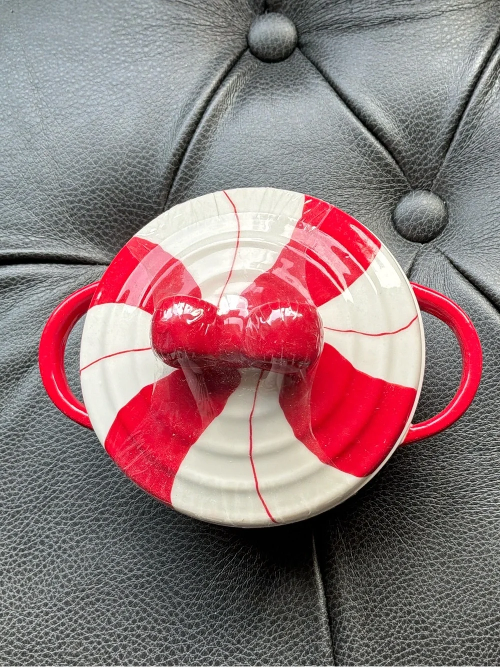 Red and White Ceramic Covered Mini Casserole with Dual Handles